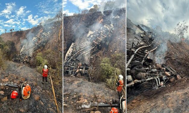 Carreta sai da pista, cai em ribanceira e motorista morre carbonizado na BR-070 em Cáceres
