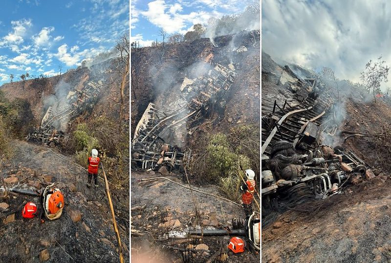 Carreta sai da pista, cai em ribanceira e motorista morre carbonizado na BR-070 em Cáceres